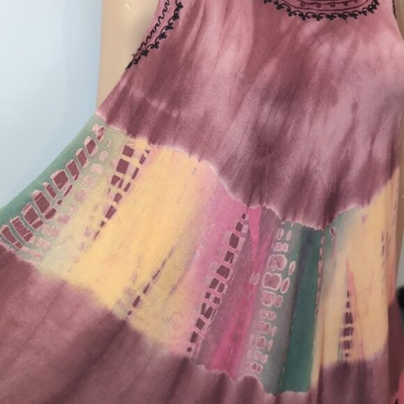India Boutique Tie Dye Rayon Dress Umbrella Cover Up Embroidered Sleeveless O/S - Picture 4 of 16